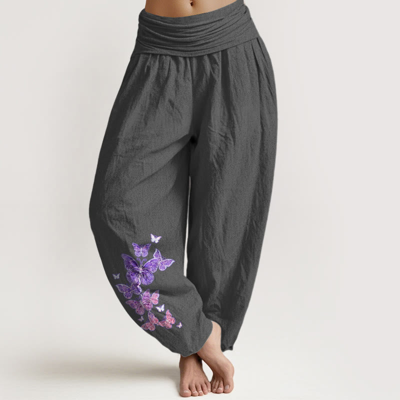 Buddha Stones Damen-Haremshose aus reiner Baumwolle mit pastellfarbenem Schmetterlingsmuster und elastischem Bund - DimGray - US16, UK/AU20, EU48 (3XL) - image 0