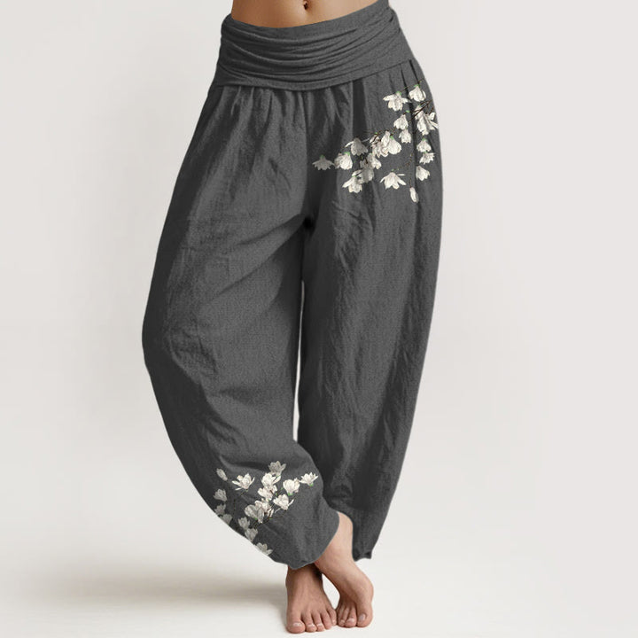 Buddha Stones Haremshose aus reiner Baumwolle mit schlichtem Magnolienblumenmuster und elastischem Bund für Damen - DimGray - US16, UK/AU20, EU48 (3XL) - image 0