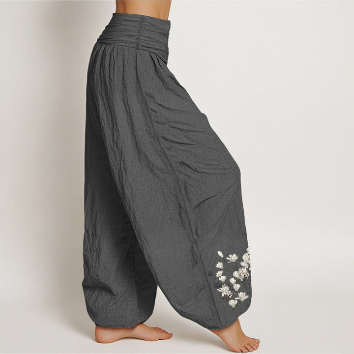 Buddha Stones Haremshose aus reiner Baumwolle mit schlichtem Magnolienblumenmuster und elastischem Bund für Damen - image 2