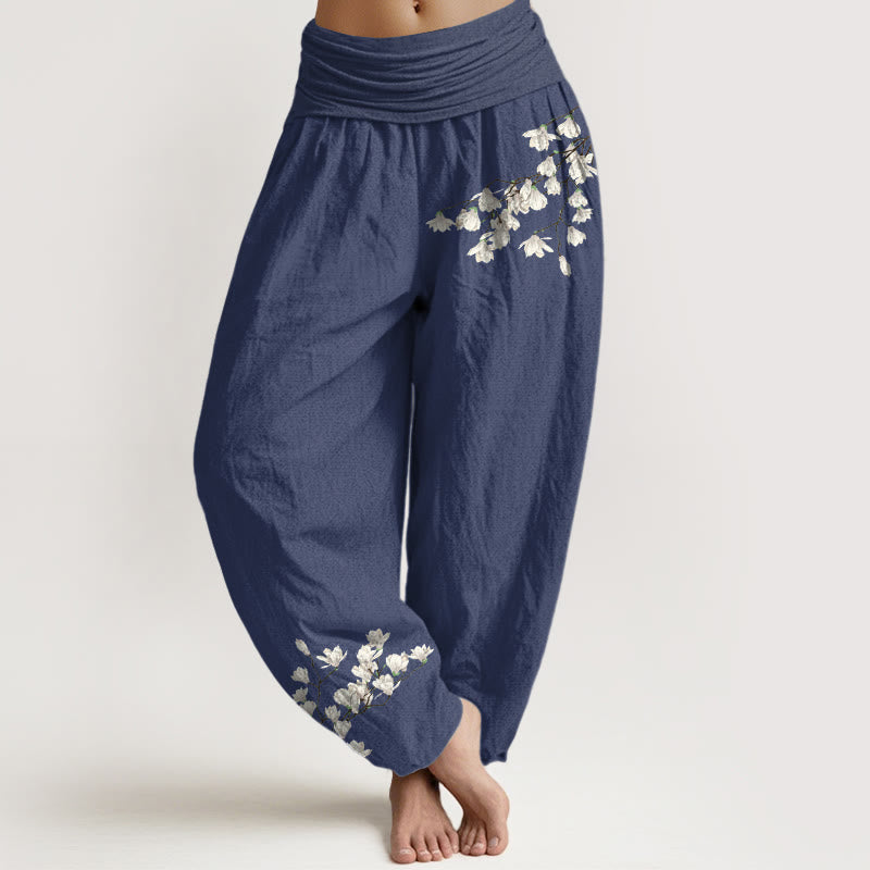 Buddha Stones Haremshose aus reiner Baumwolle mit schlichtem Magnolienblumenmuster und elastischem Bund für Damen - Dunkelschieferblau - US16, UK/AU20, EU48 (3XL) - image 8