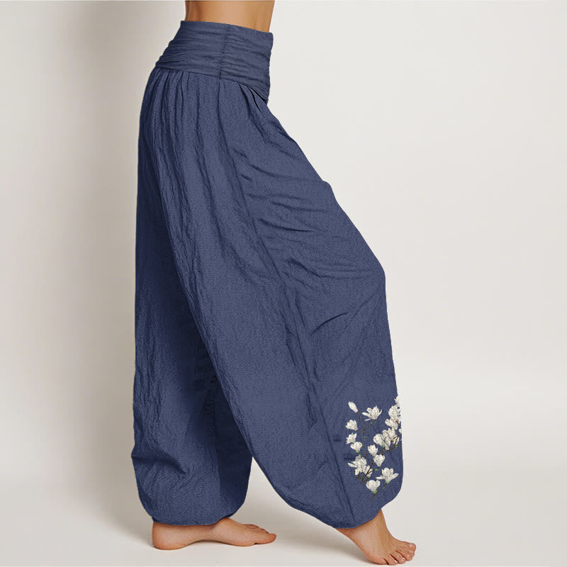 Buddha Stones Haremshose aus reiner Baumwolle mit schlichtem Magnolienblumenmuster und elastischem Bund für Damen - image 10