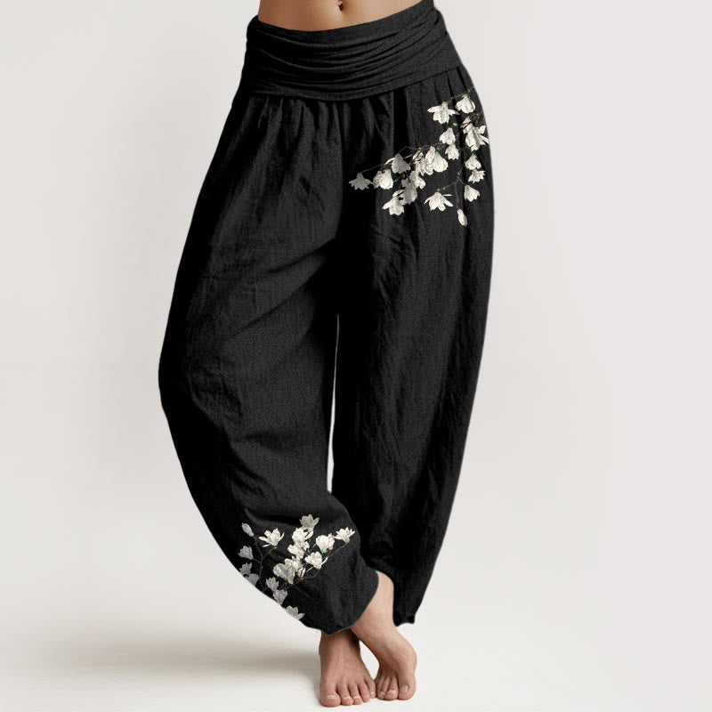 Buddha Stones Haremshose aus reiner Baumwolle mit schlichtem Magnolienblumenmuster und elastischem Bund für Damen - Schwarz - US16, UK/AU20, EU48 (3XL) - image 5