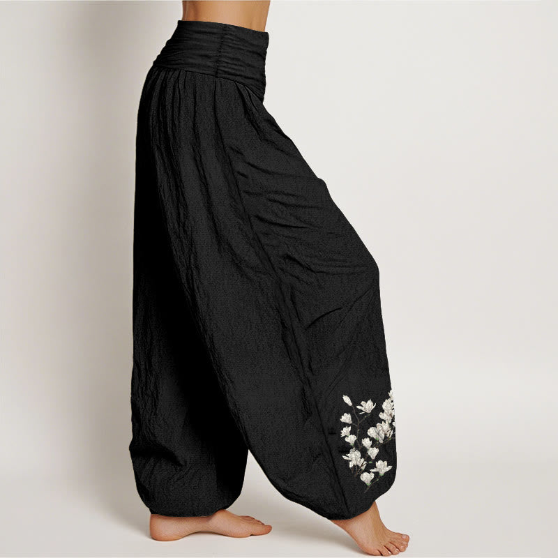 Buddha Stones Haremshose aus reiner Baumwolle mit schlichtem Magnolienblumenmuster und elastischem Bund für Damen - image 7