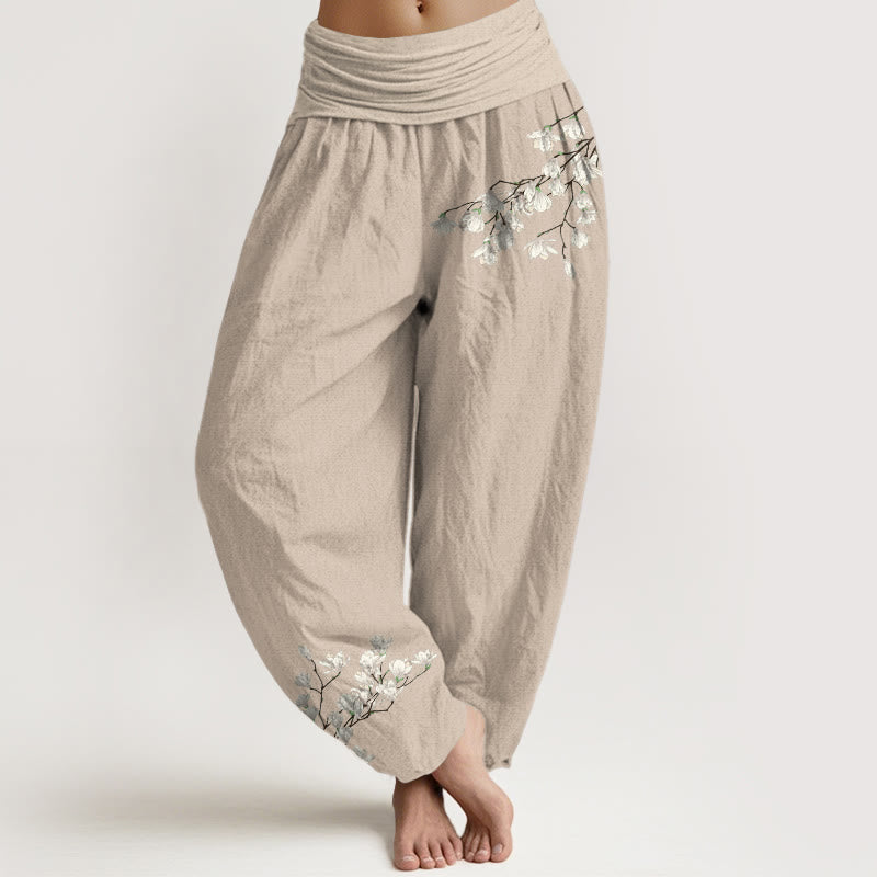 Buddha Stones Haremshose aus reiner Baumwolle mit schlichtem Magnolienblumenmuster und elastischem Bund für Damen - Bräunen - US16, UK/AU20, EU48 (3XL) - image 11