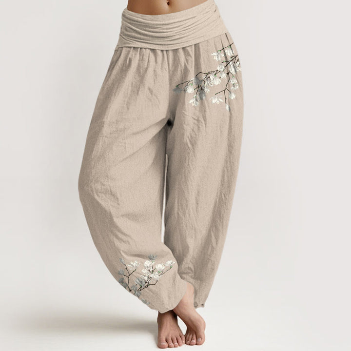 Buddha Stones Haremshose aus reiner Baumwolle mit schlichtem Magnolienblumenmuster und elastischem Bund für Damen - Bräunen - US16, UK/AU20, EU48 (3XL) - image 11