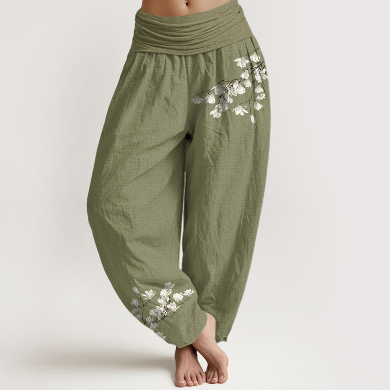 Buddha Stones Haremshose aus reiner Baumwolle mit schlichtem Magnolienblumenmuster und elastischem Bund für Damen - Olivgrün - US16, UK/AU20, EU48 (3XL) - image 14
