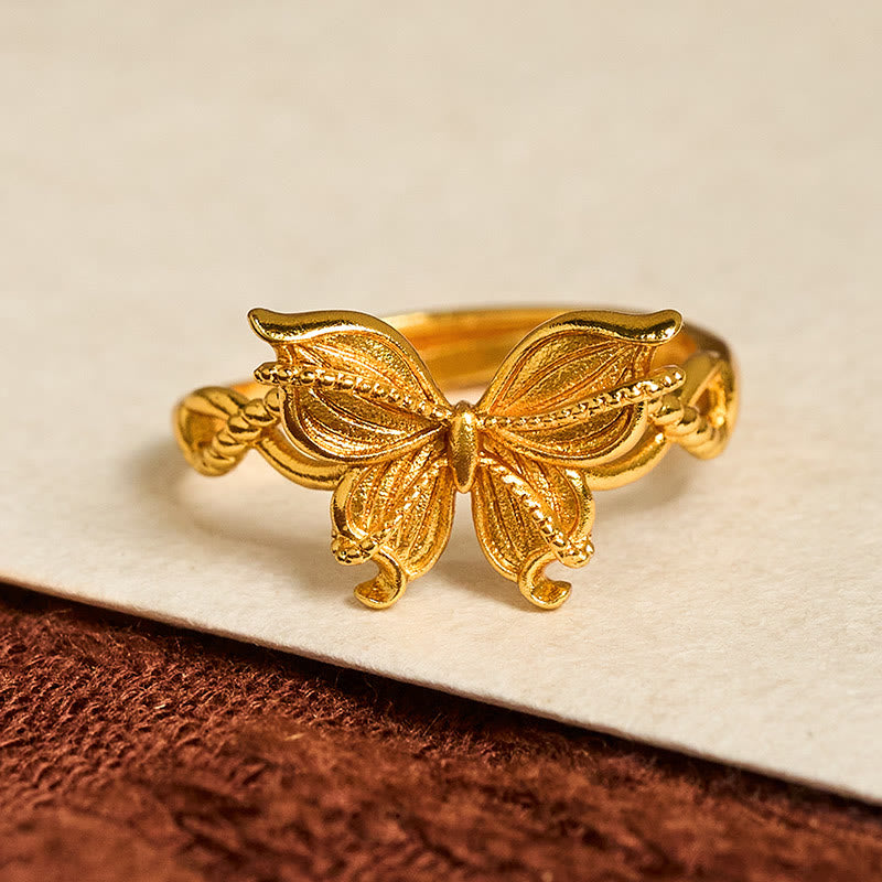 Buddha Stones, 24 Karat vergoldeter Messingring mit Schmetterlingssymbol, verstellbar, Liebesring - image 1