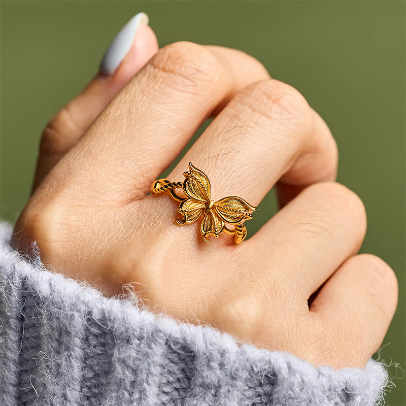 Buddha Stones, 24 Karat vergoldeter Messingring mit Schmetterlingssymbol, verstellbar, Liebesring - image 9
