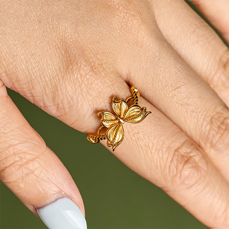 Buddha Stones, 24 Karat vergoldeter Messingring mit Schmetterlingssymbol, verstellbar, Liebesring - image 10
