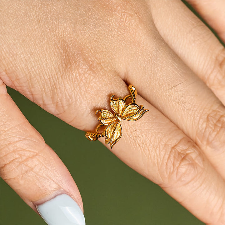 Buddha Stones, 24 Karat vergoldeter Messingring mit Schmetterlingssymbol, verstellbar, Liebesring - image 10