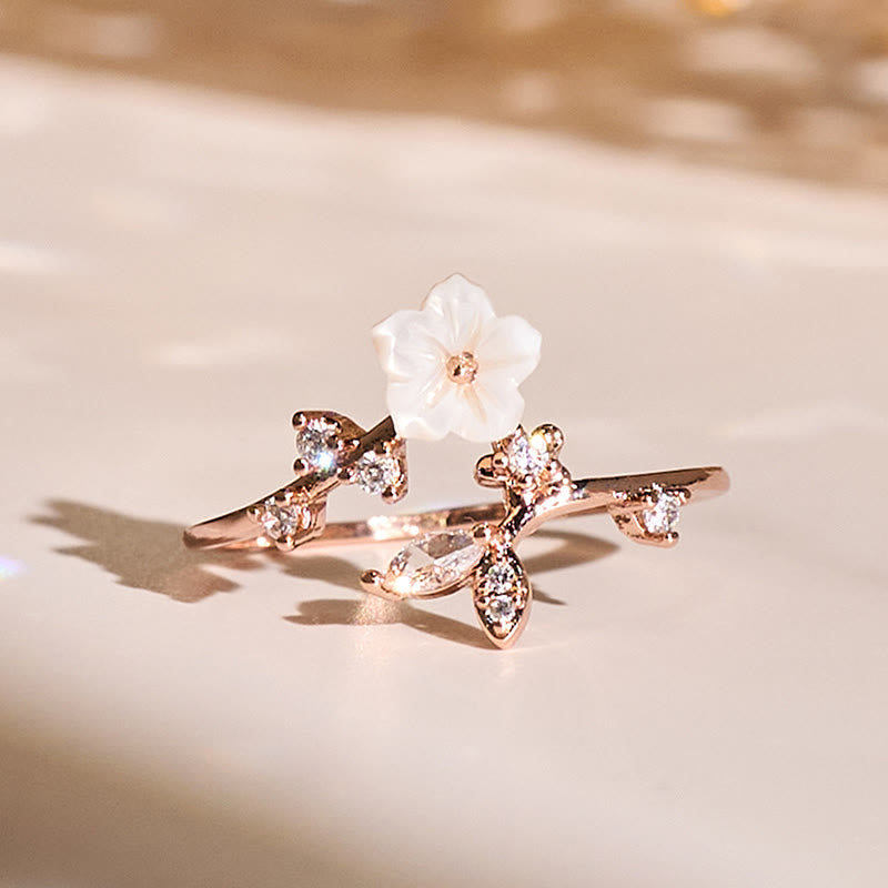 Buddha Stones, weißer Blumen-Design, verstellbarer Heilring aus Kupfer - Roségold - image 0