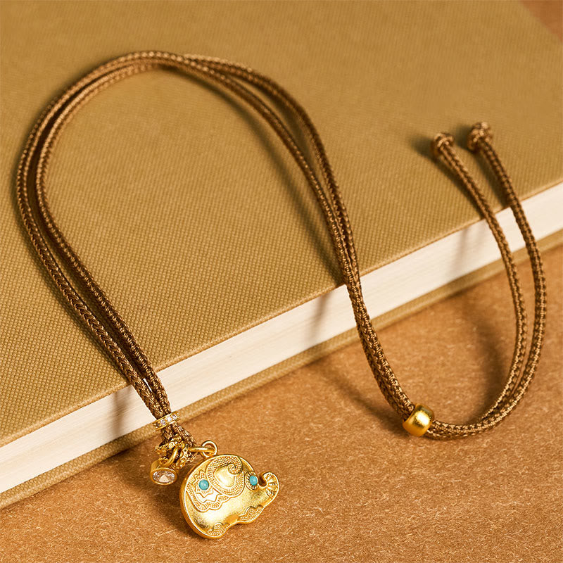 Buddha Stones, 24 Karat vergoldetes Messing, Elefantensymbol, geflochtene Kordel, Halskettenanhänger - image 3