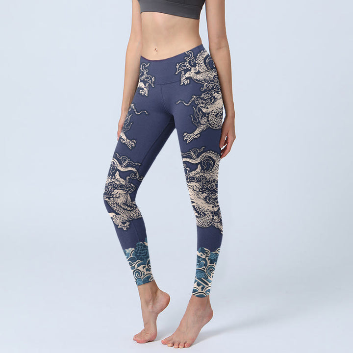 Leggings mit Buddha Stones -Symmetrie-Drachenwellenmuster, Damen-Yogahose - Mitternachtsblau - US18, UK/AU22, EU50 (4XL) - image 0