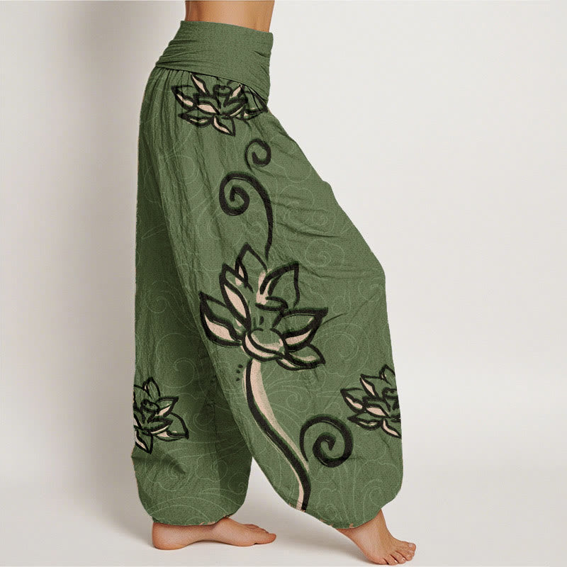 Buddha Stones , lässige Baumwoll-Haremshose mit Lotus- und Wolkenmotiv, elastischem Bund für Damen - image 2
