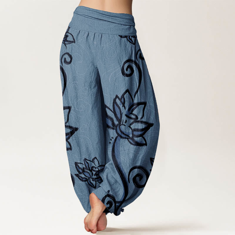 Buddha Stones , lässige Baumwoll-Haremshose mit Lotus- und Wolkenmotiv, elastischem Bund für Damen - image 5