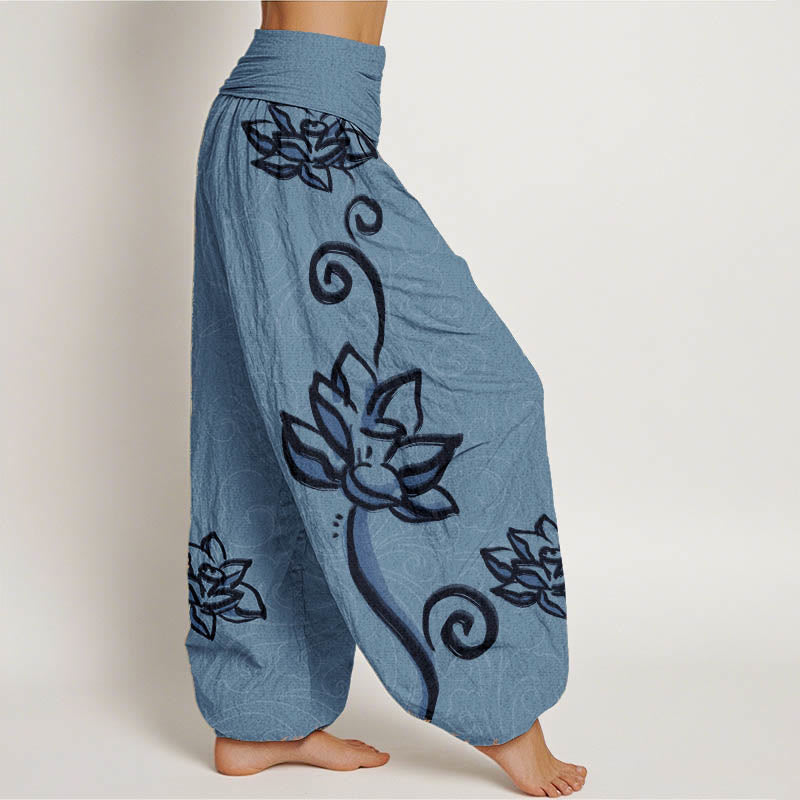 Buddha Stones , lässige Baumwoll-Haremshose mit Lotus- und Wolkenmotiv, elastischem Bund für Damen - image 6