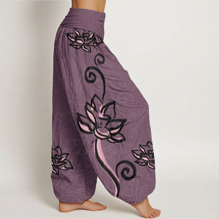 Buddha Stones , lässige Baumwoll-Haremshose mit Lotus- und Wolkenmotiv, elastischem Bund für Damen - image 9
