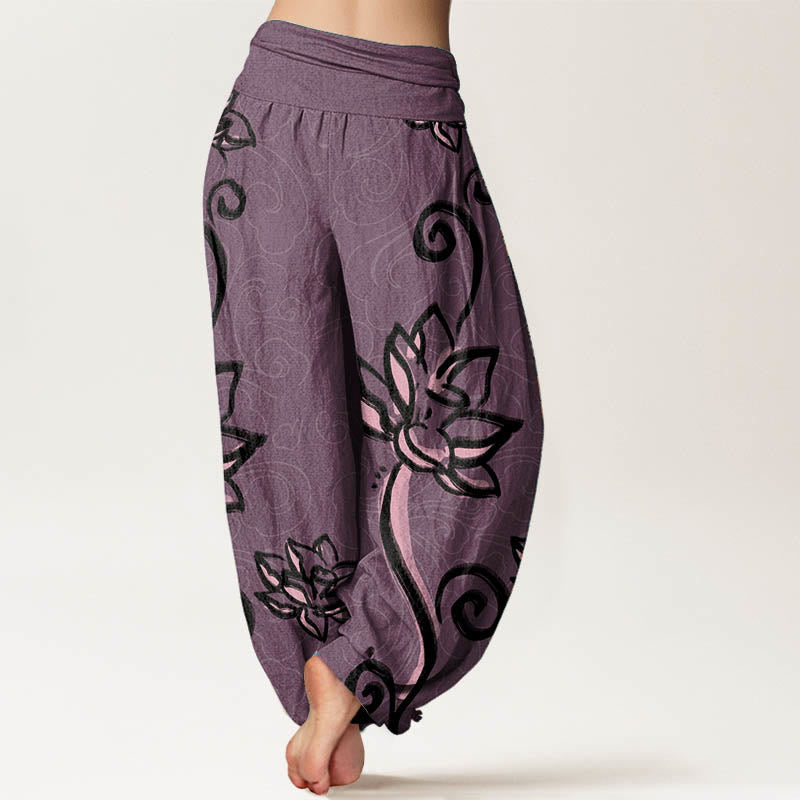 Buddha Stones , lässige Baumwoll-Haremshose mit Lotus- und Wolkenmotiv, elastischem Bund für Damen - image 8