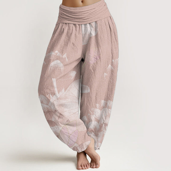 Buddha Stones Baumwoll-Haremshose in Rosa und Weiß mit Lotusmuster und elastischem Bund für Damen - DarkSalmon - US22, UK/AU26, EU54 (6XL) - image 0
