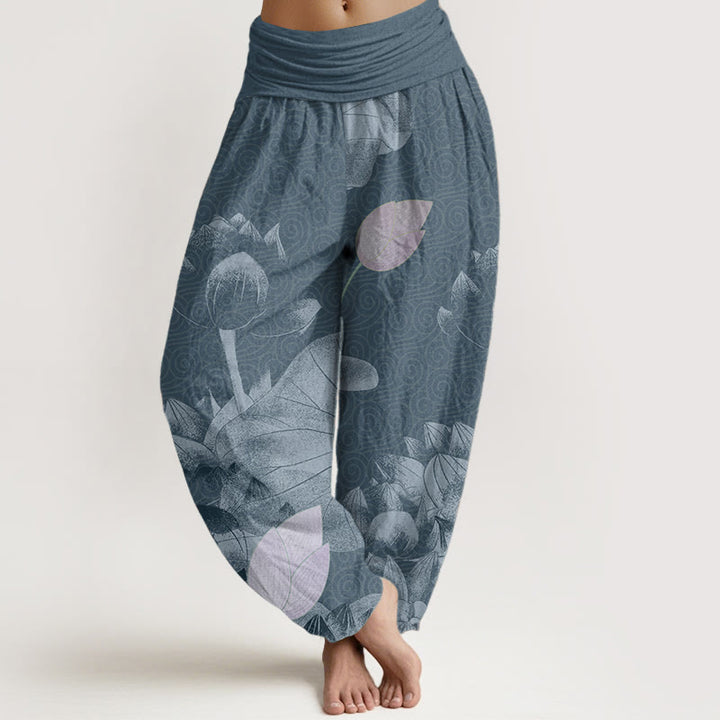 Buddha Stones Baumwoll-Haremshose in Rosa und Weiß mit Lotusmuster und elastischem Bund für Damen - SteelBlue - US22, UK/AU26, EU54 (6XL) - image 4