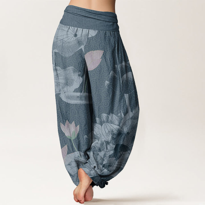 Buddha Stones Baumwoll-Haremshose in Rosa und Weiß mit Lotusmuster und elastischem Bund für Damen - image 5