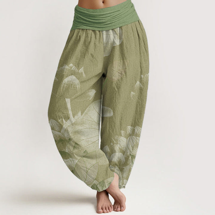 Buddha Stones Baumwoll-Haremshose in Rosa und Weiß mit Lotusmuster und elastischem Bund für Damen - Dunkelkhaki - US22, UK/AU26, EU54 (6XL) - image 7