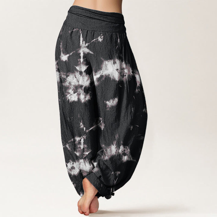 Buddha Stones , Baumwolle, weiße Linien und Punkte, Batikmuster, Damen-Haremshose mit elastischem Bund - image 2