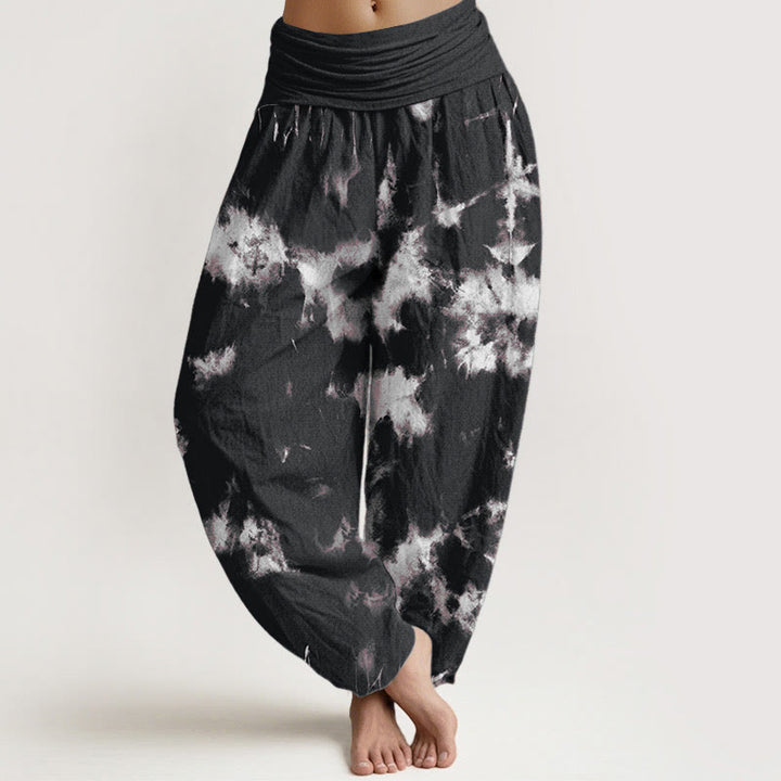 Buddha Stones , Baumwolle, weiße Linien und Punkte, Batikmuster, Damen-Haremshose mit elastischem Bund - Schwarz - US22, UK/AU26, EU54 (6XL) - image 0