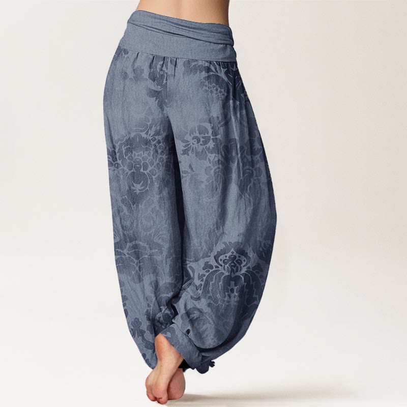 Lässige Haremshose aus Baumwolle mit Buddha Stones -Motiv, Blumen- und Blätterdesign sowie elastischem Bund für Damen. - image 2