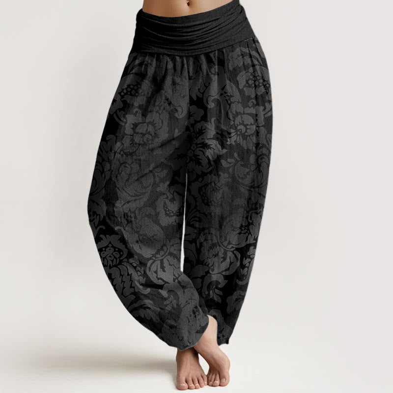 Lässige Haremshose aus Baumwolle mit Buddha Stones -Motiv, Blumen- und Blätterdesign sowie elastischem Bund für Damen. - Schwarz - US22, UK/AU26, EU54 (6XL) - image 4