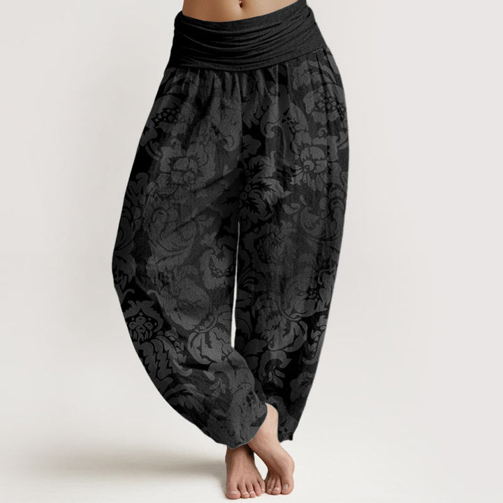 Lässige Haremshose aus Baumwolle mit Buddha Stones -Motiv, Blumen- und Blätterdesign sowie elastischem Bund für Damen. - Schwarz - US22, UK/AU26, EU54 (6XL) - image 4