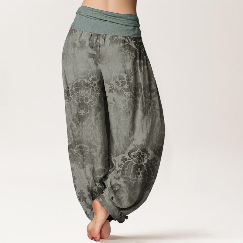 Lässige Haremshose aus Baumwolle mit Buddha Stones -Motiv, Blumen- und Blätterdesign sowie elastischem Bund für Damen. - image 9