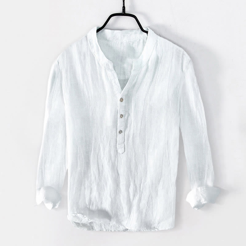 Herren-Langarmhemd aus Baumwoll-Leinen-Mischgewebe mit Buddha Stones -Handabdruck-Architekturmuster und halben Knöpfen. - image 7