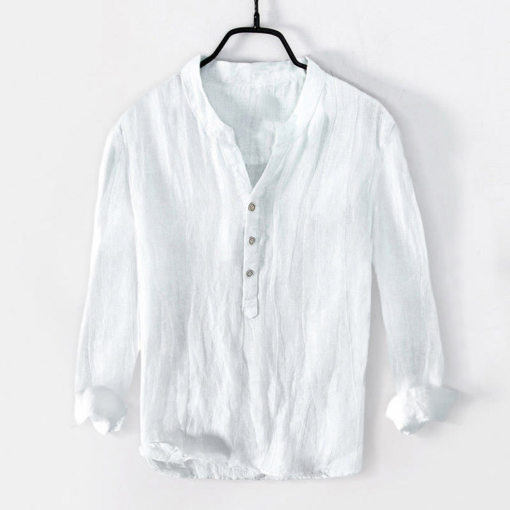 Herren-Langarmhemd aus Baumwoll-Leinen-Mischgewebe mit Buddha Stones -Handabdruck-Architekturmuster und halben Knöpfen. - image 7