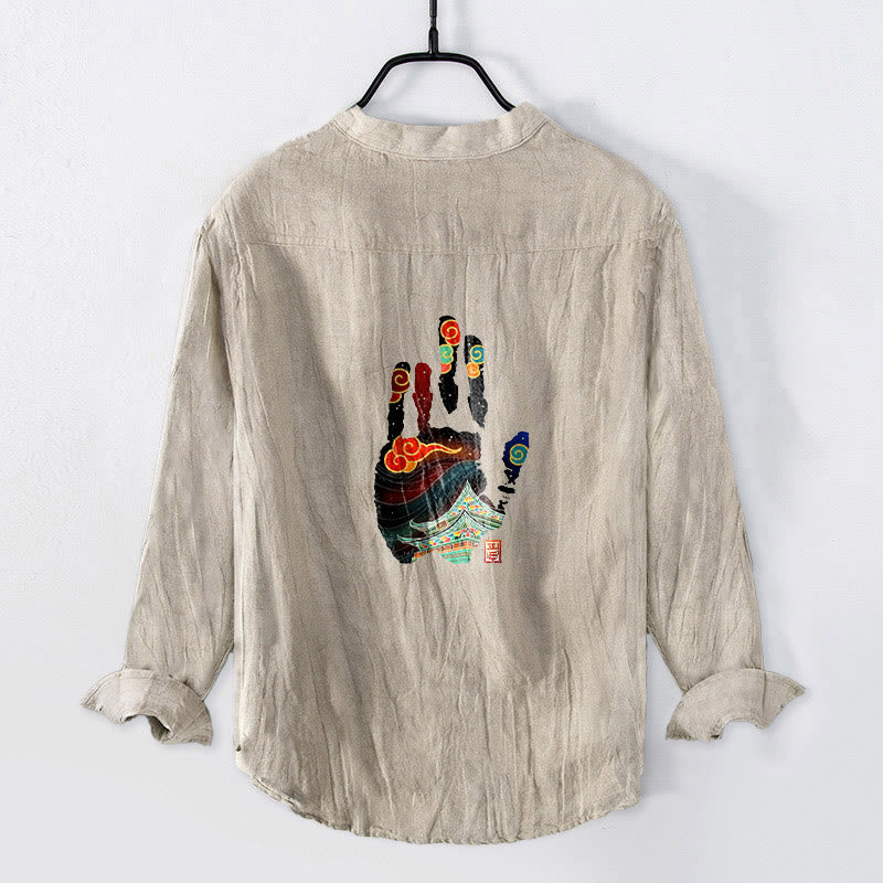 Herren-Langarmhemd aus Baumwoll-Leinen-Mischgewebe mit Buddha Stones -Handabdruck-Architekturmuster und halben Knöpfen. - Leinen - US/ UK/AU50, EU60 (5XL) - image 0