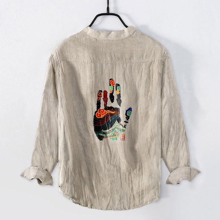 Herren-Langarmhemd aus Baumwoll-Leinen-Mischgewebe mit Buddha Stones -Handabdruck-Architekturmuster und halben Knöpfen. - Leinen - US/ UK/AU50, EU60 (5XL) - image 0
