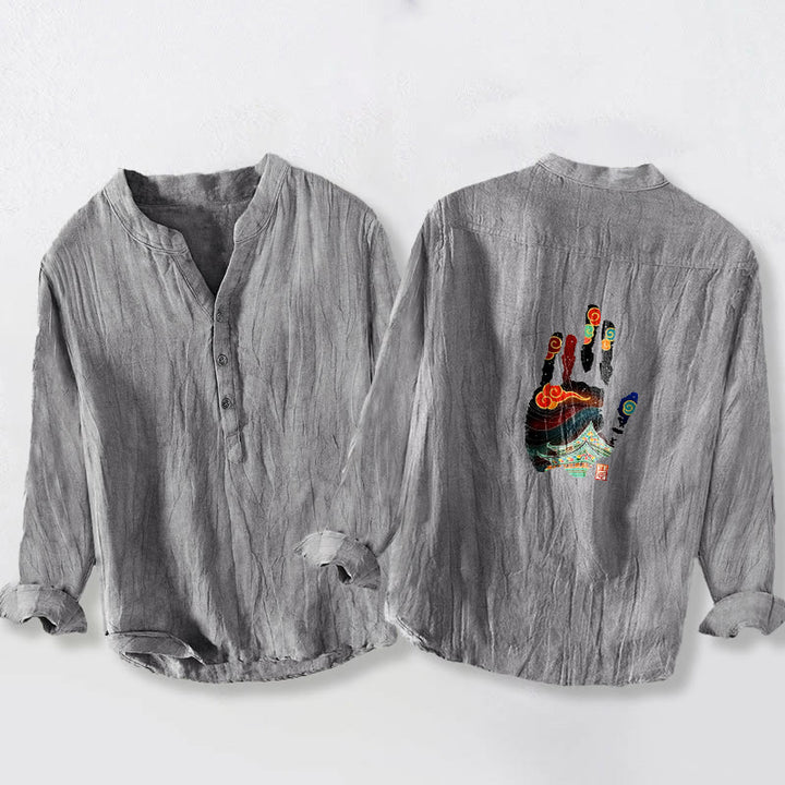 Herren-Langarmhemd aus Baumwoll-Leinen-Mischgewebe mit Buddha Stones -Handabdruck-Architekturmuster und halben Knöpfen. - image 5