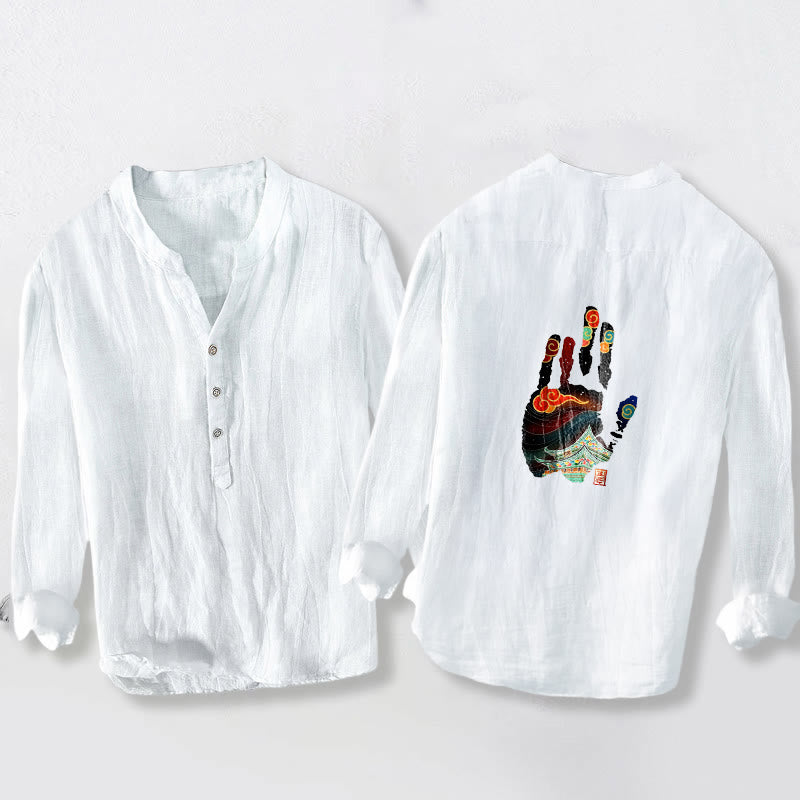 Herren-Langarmhemd aus Baumwoll-Leinen-Mischgewebe mit Buddha Stones -Handabdruck-Architekturmuster und halben Knöpfen. - image 8