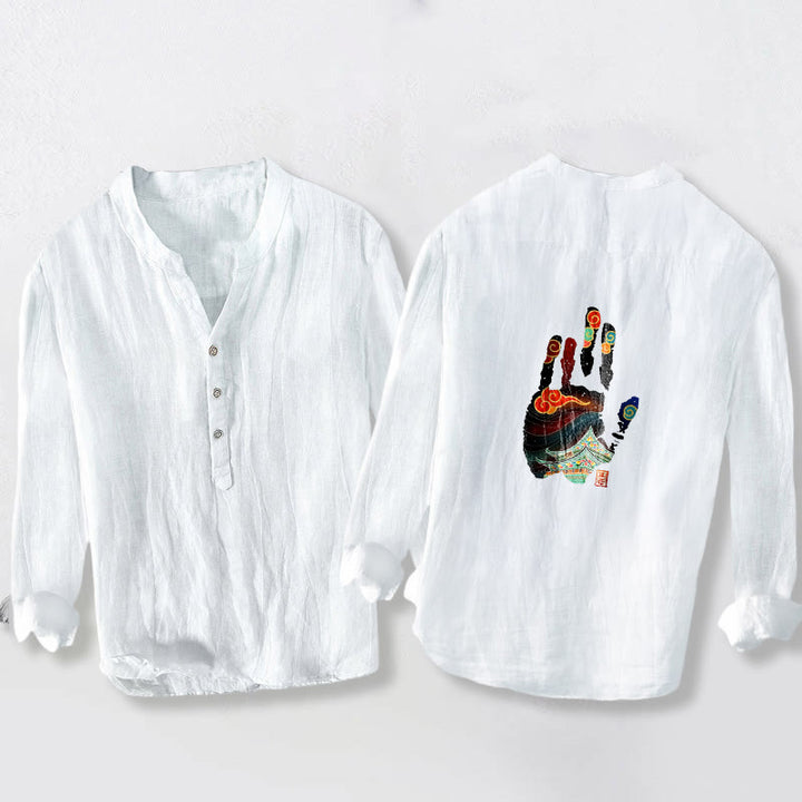 Herren-Langarmhemd aus Baumwoll-Leinen-Mischgewebe mit Buddha Stones -Handabdruck-Architekturmuster und halben Knöpfen. - image 8