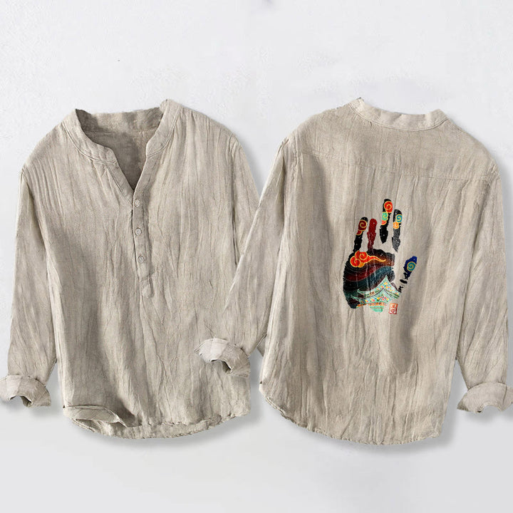 Herren-Langarmhemd aus Baumwoll-Leinen-Mischgewebe mit Buddha Stones -Handabdruck-Architekturmuster und halben Knöpfen. - image 2