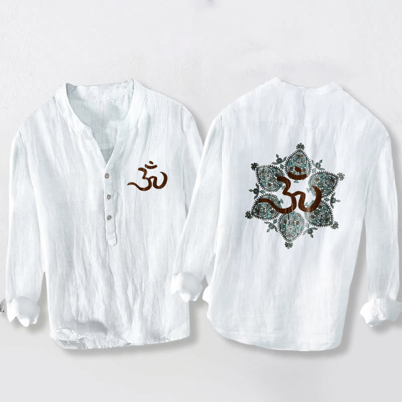 Herren-Langarmhemd aus Baumwoll-Leinen mit Buddha Stones, Om-Symbol, symmetrischem Mandala-Muster und halben Knöpfen, verziert mit dem Om-Symbol. - Weiß - US/ UK/AU50, EU60 (5XL) - image 6