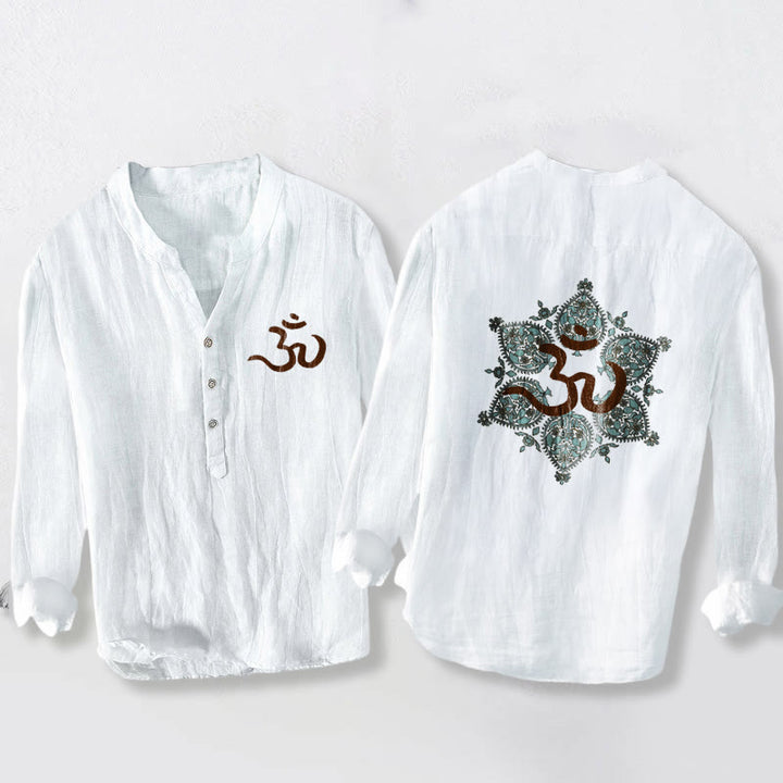 Herren-Langarmhemd aus Baumwoll-Leinen mit Buddha Stones, Om-Symbol, symmetrischem Mandala-Muster und halben Knöpfen, verziert mit dem Om-Symbol. - Weiß - US/ UK/AU50, EU60 (5XL) - image 6