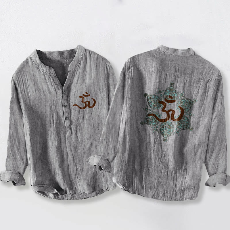 Herren-Langarmhemd aus Baumwoll-Leinen mit Buddha Stones, Om-Symbol, symmetrischem Mandala-Muster und halben Knöpfen, verziert mit dem Om-Symbol. - Grau - US/ UK/AU50, EU60 (5XL) - image 3