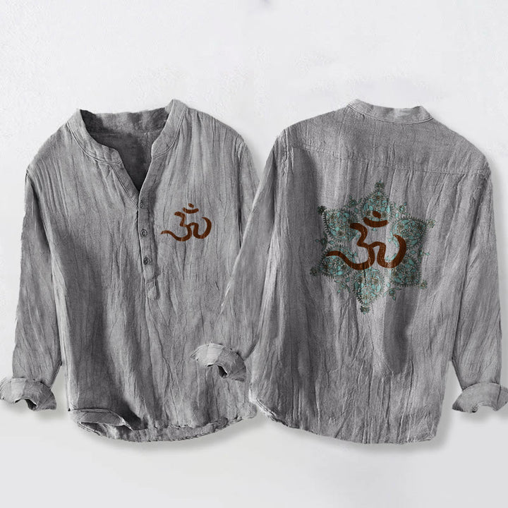 Herren-Langarmhemd aus Baumwoll-Leinen mit Buddha Stones, Om-Symbol, symmetrischem Mandala-Muster und halben Knöpfen, verziert mit dem Om-Symbol. - Grau - US/ UK/AU50, EU60 (5XL) - image 3