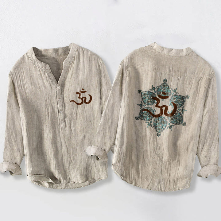 Herren-Langarmhemd aus Baumwoll-Leinen mit Buddha Stones, Om-Symbol, symmetrischem Mandala-Muster und halben Knöpfen, verziert mit dem Om-Symbol. - Leinen - US/ UK/AU50, EU60 (5XL) - image 0