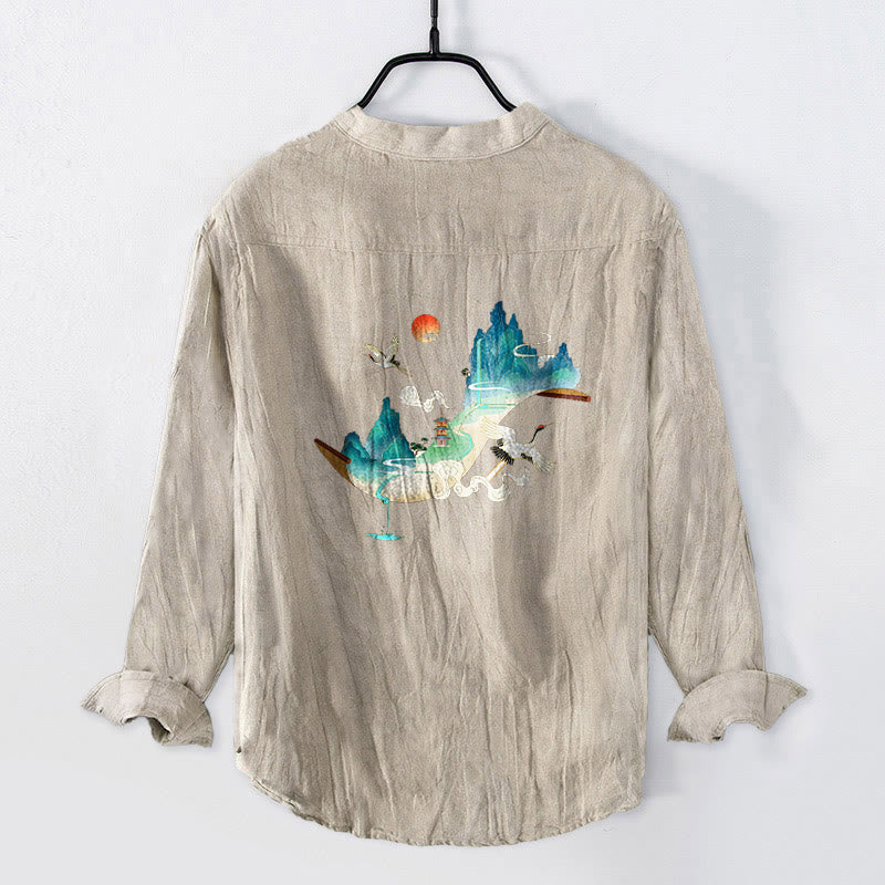 Herren-Langarmhemd aus Baumwolle und Leinen mit Buddha Stones, Berg-, Kranich- und Wolkenmuster und halben Knöpfen. - image 5