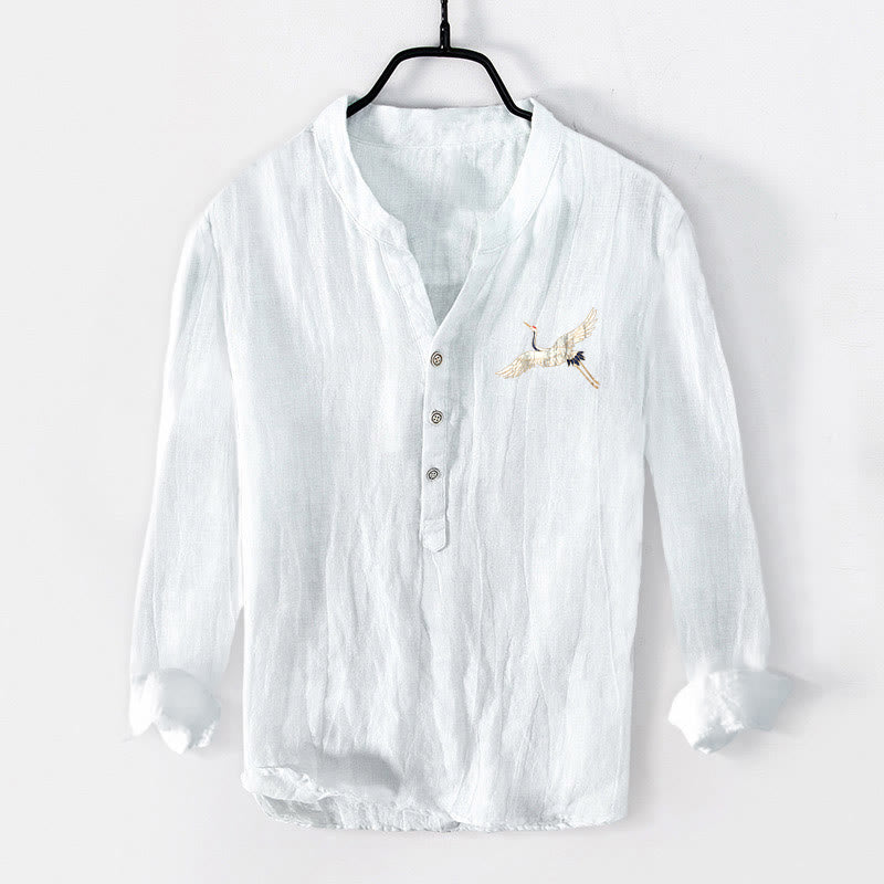 Herren-Langarmhemd aus Baumwolle und Leinen mit Buddha Stones, Berg-, Kranich- und Wolkenmuster und halben Knöpfen. - image 7