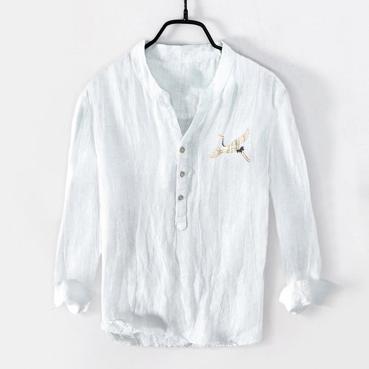 Herren-Langarmhemd aus Baumwolle und Leinen mit Buddha Stones, Berg-, Kranich- und Wolkenmuster und halben Knöpfen. - image 7