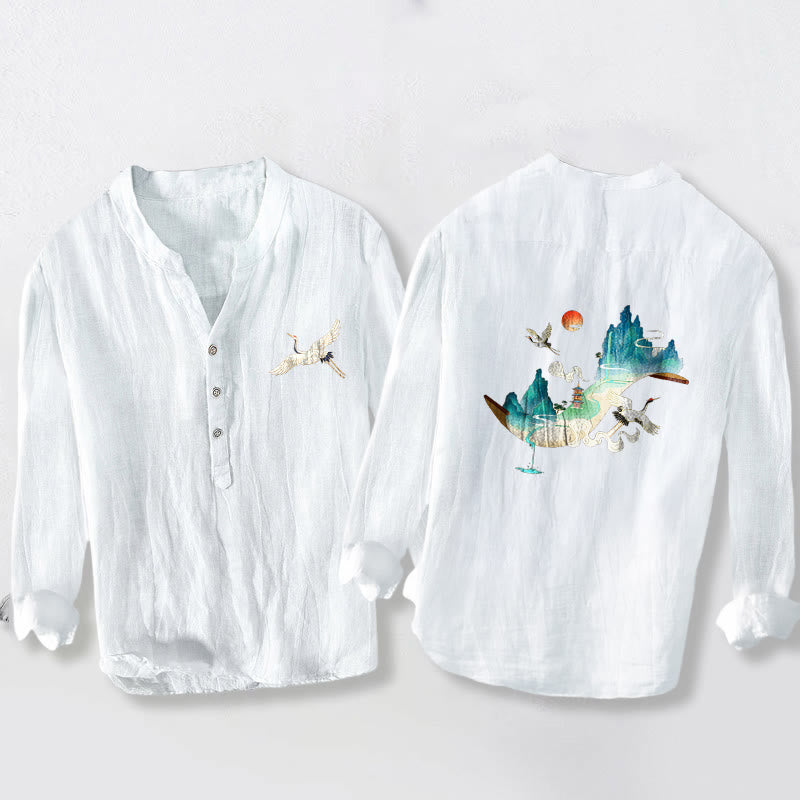 Herren-Langarmhemd aus Baumwolle und Leinen mit Buddha Stones, Berg-, Kranich- und Wolkenmuster und halben Knöpfen. - Weiß - US/ UK/AU50, EU60 (5XL) - image 6