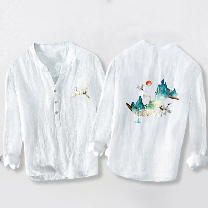 Herren-Langarmhemd aus Baumwolle und Leinen mit Buddha Stones, Berg-, Kranich- und Wolkenmuster und halben Knöpfen. - Weiß - US/ UK/AU50, EU60 (5XL) - image 6